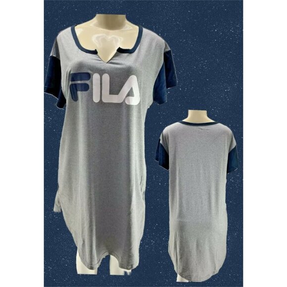 Fila M Gray Heather-Navy Logo Split Neckline Curved Hem Short Sleeve Sleep Tee - Picture 1 of 6